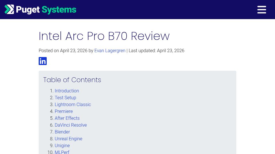 Screenshot of pugetsystems.com: Intel Arc Pro B70 Review