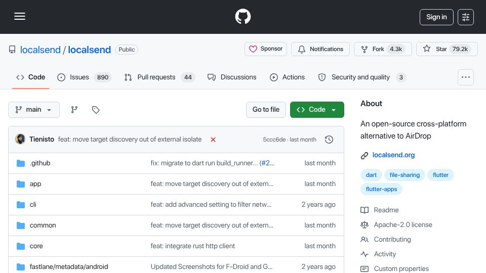 Screenshot of github.com: Localsend: An open-source cross-platform alternative to AirDrop