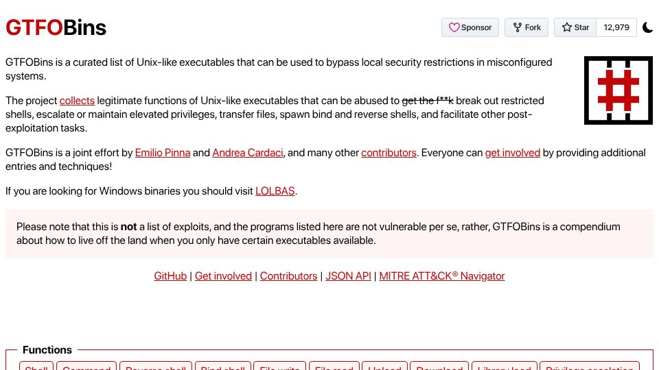 Screenshot of gtfobins.org: GTFOBins
