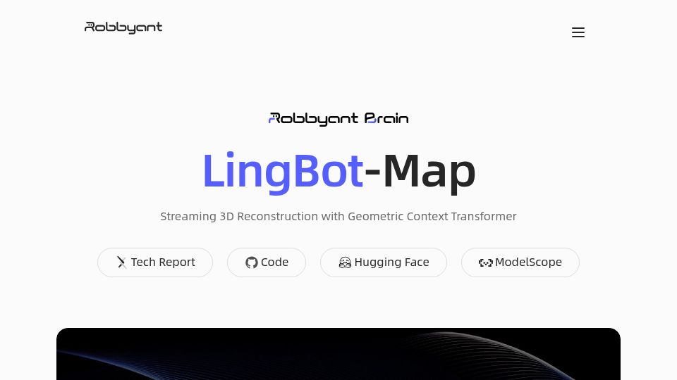 Screenshot of technology.robbyant.com: LingBot-Map: Streaming 3D reconstruction with geometric context transformer