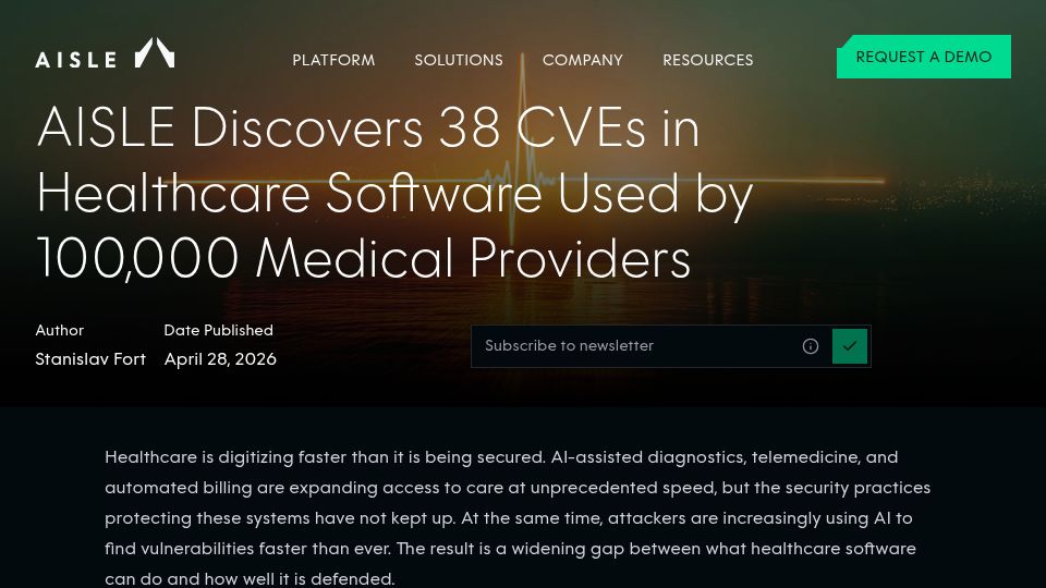 Screenshot of aisle.com: AISLE Discovers 38 CVEs in OpenEMR Healthcare Software