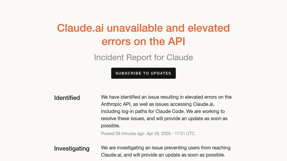 Screenshot of status.claude.com: Claude.ai unavailable and elevated errors on the API