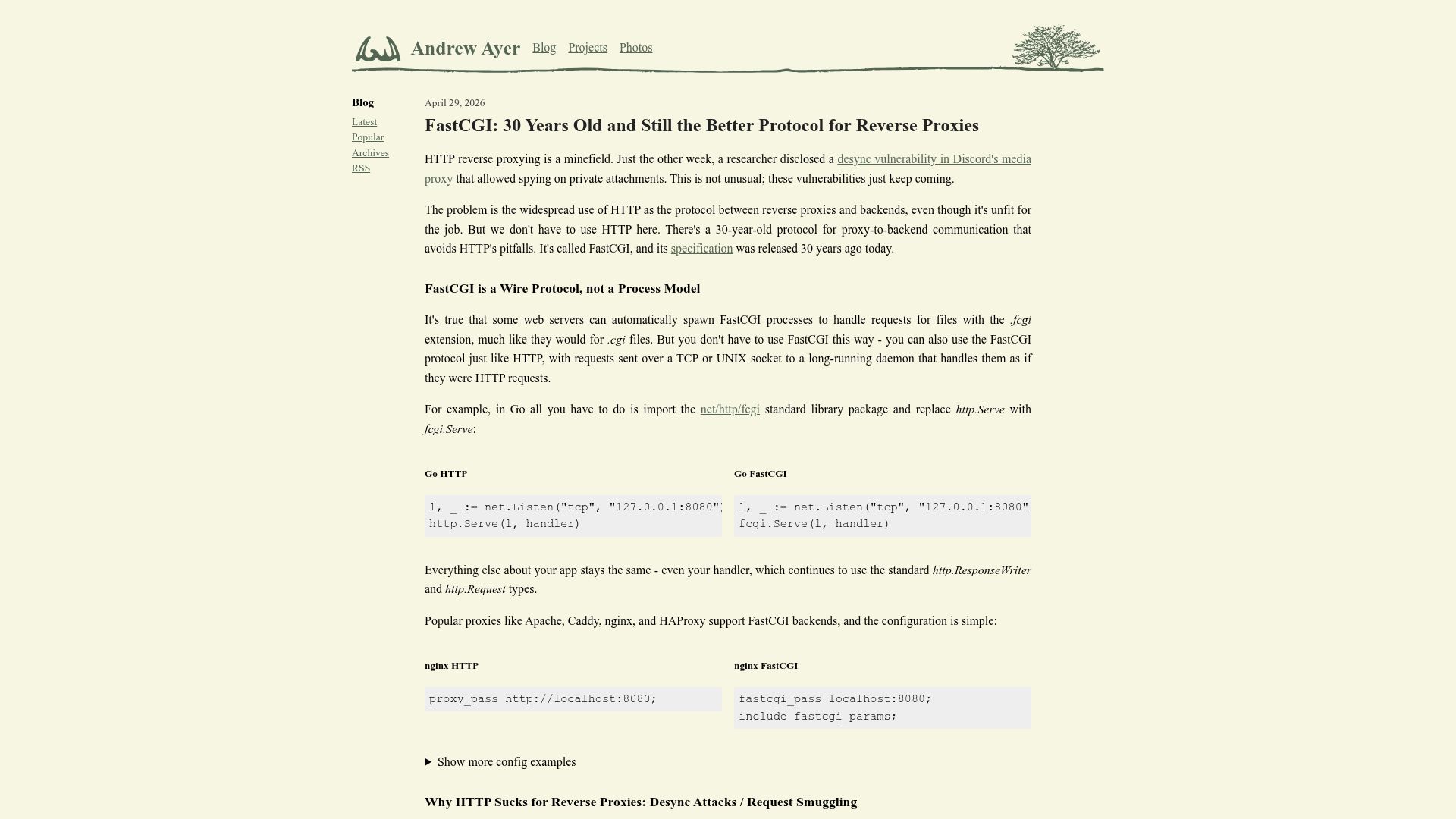 Screenshot of agwa.name: FastCGI: 30 years old and still the better protocol for reverse proxies