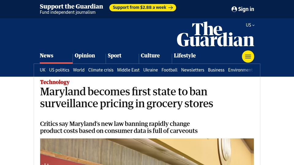 Screenshot of theguardian.com: Maryland becomes first state to ban surveillance pricing in grocery stores