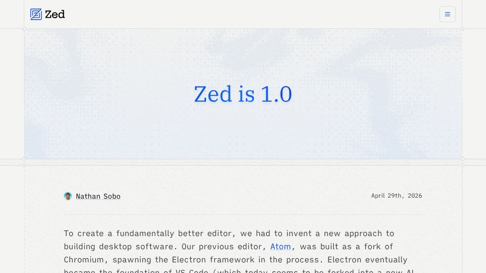 Screenshot of zed.dev: Zed 1.0