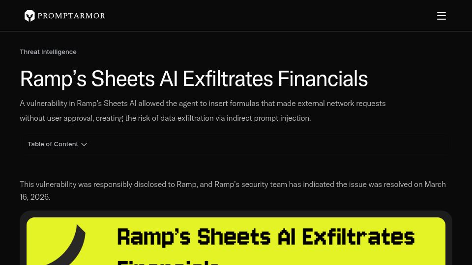 Screenshot of promptarmor.com: Ramp's Sheets AI Exfiltrates Financials