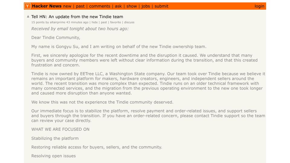 Screenshot of Hacker News post: Tell HN: An update from the new Tindie team