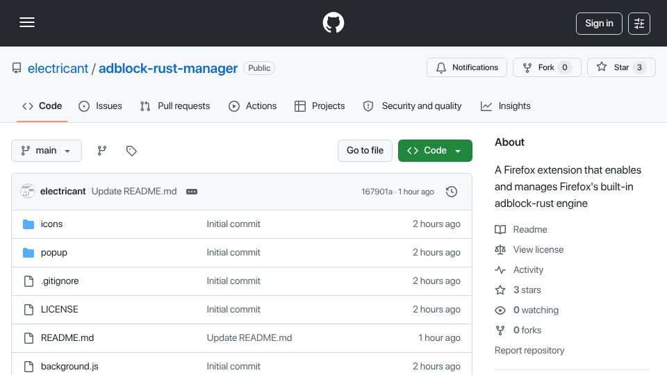 Screenshot of github.com: Show HN: Adblock-rust Manager – Firefox extension to enable the Brave ad blocker