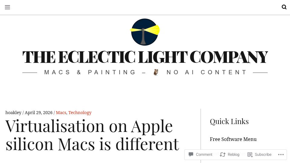 Screenshot of eclecticlight.co: Virtualisation on Apple Silicon Macs is different