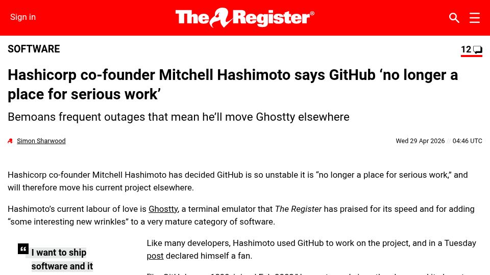 Screenshot of theregister.com: HashiCorp co-founder says GitHub 'no longer a place for serious work'