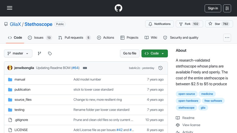 Screenshot of github.com: An open-source stethoscope that costs between $2.5 and $5 to produce