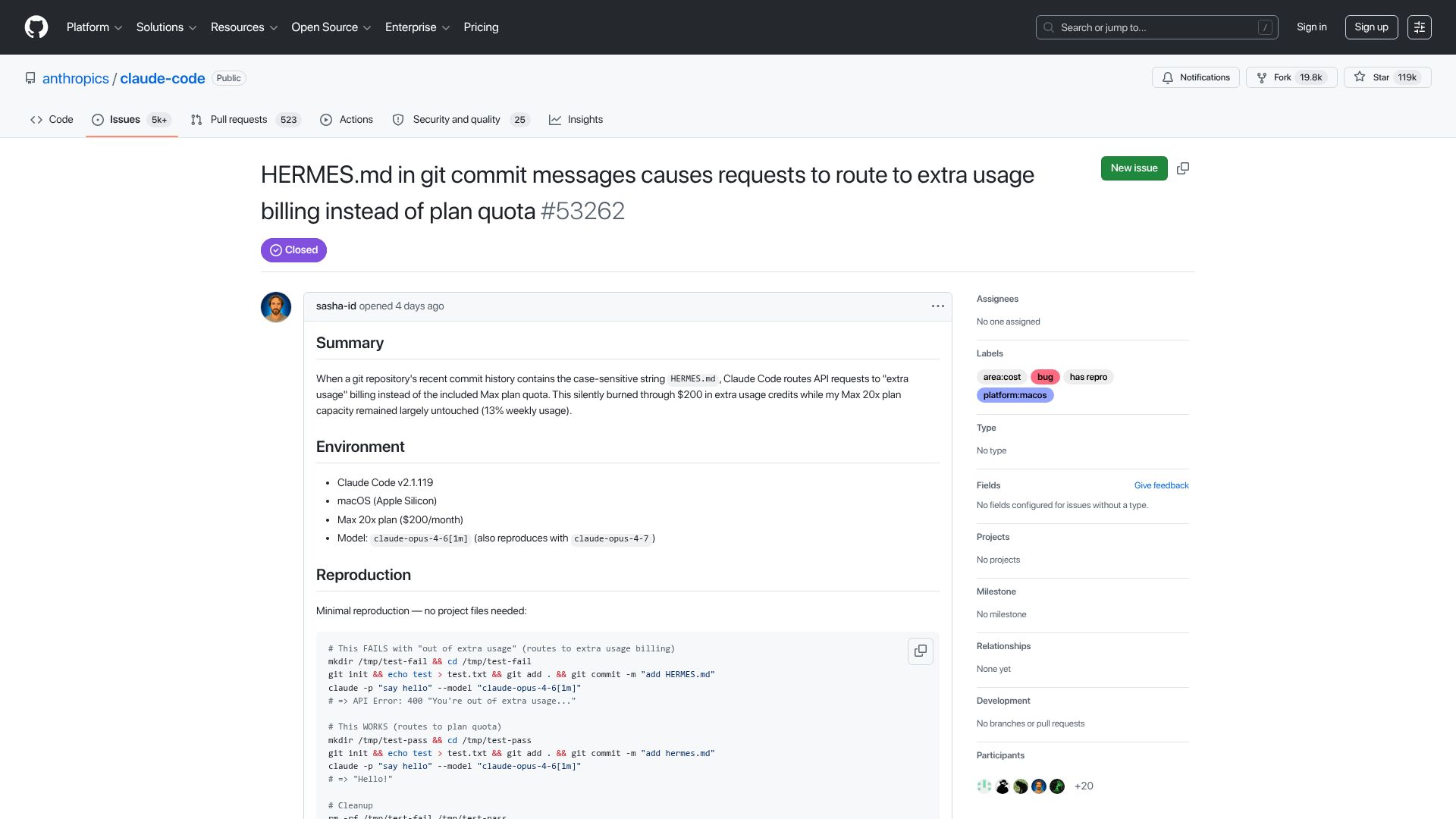 Screenshot of github.com: HERMES.md in commit messages causes requests to route to extra usage billing