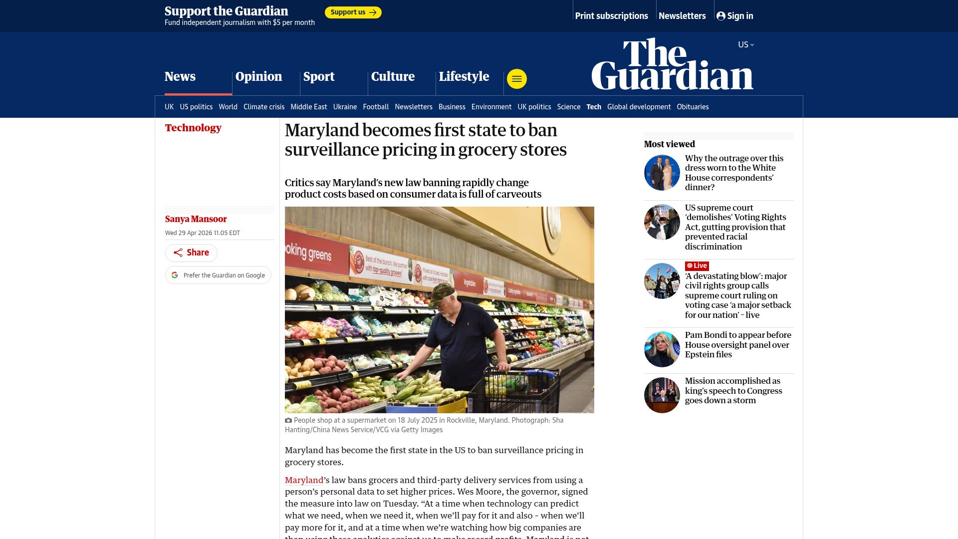 Screenshot of theguardian.com: Maryland becomes first state to ban surveillance pricing in grocery stores