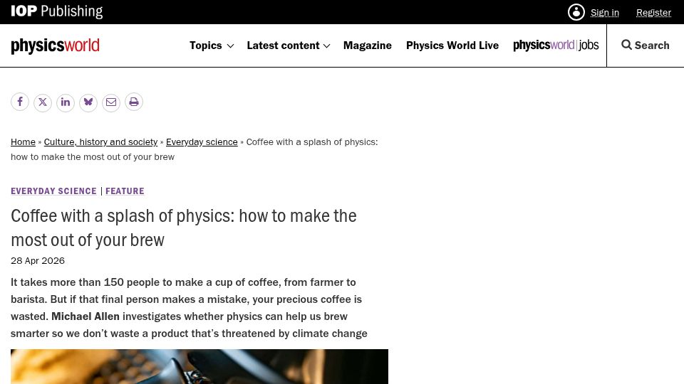 Screenshot of physicsworld.com: Coffee with a splash of physics: how to make the most out of your brew