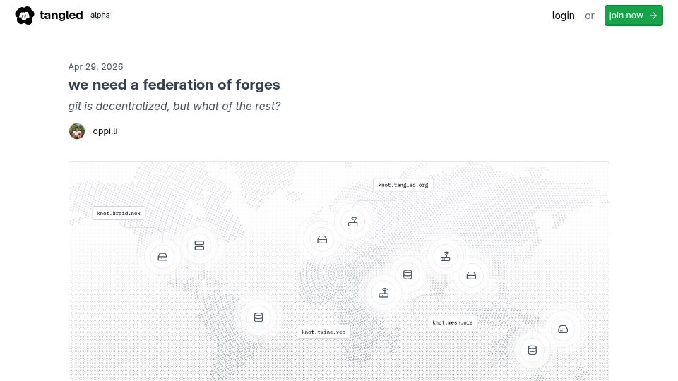 Screenshot of blog.tangled.org: We need a federation of forges