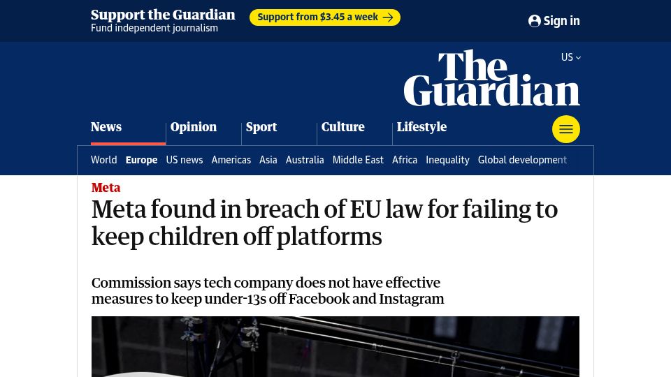 Screenshot of theguardian.com: Meta found in breach of EU law for failing to keep children off platforms