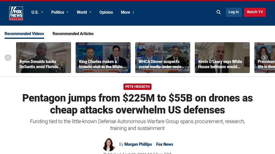 Screenshot of foxnews.com: Pentagon spending on drones jumps from $225M to $55B in one year