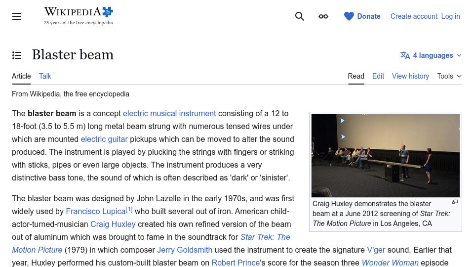 Screenshot of en.wikipedia.org: Blaster Beam (Musical Instrument)
