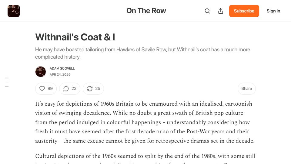 Screenshot of ontherow.substack.com: Withnail's Coat and I