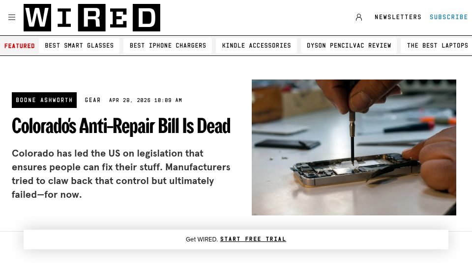 Screenshot of wired.com: Attempt to repeal Colorado's right-to-repair law fails