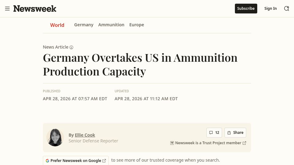 Screenshot of newsweek.com: Germany Overtakes US in Ammunition Production Capacity