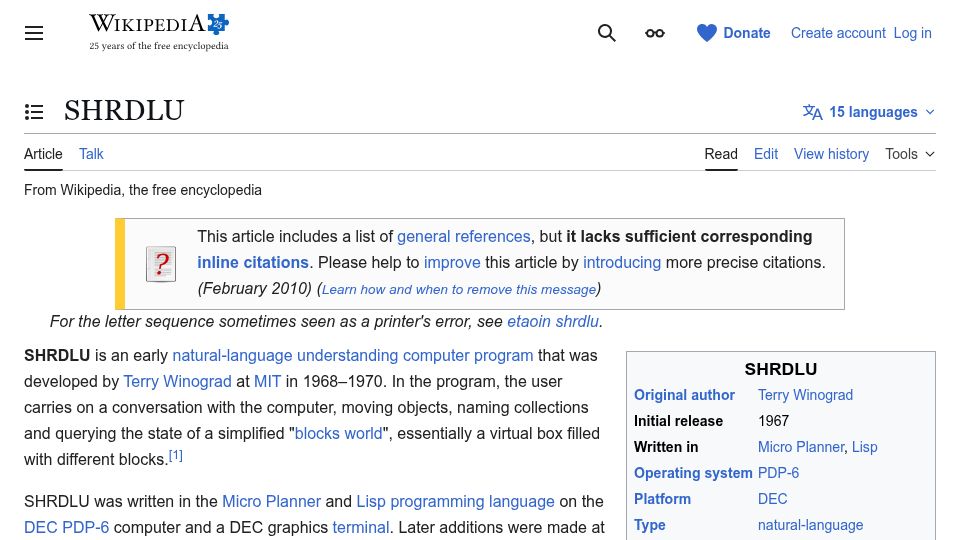 Screenshot of en.wikipedia.org: Shrdlu