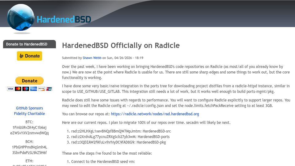 Screenshot of hardenedbsd.org: HardenedBSD Is Now Officially on Radicle