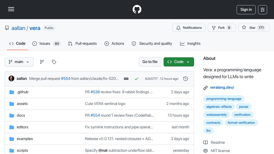 Screenshot of github.com: Vera: a programming language designed for machines to write