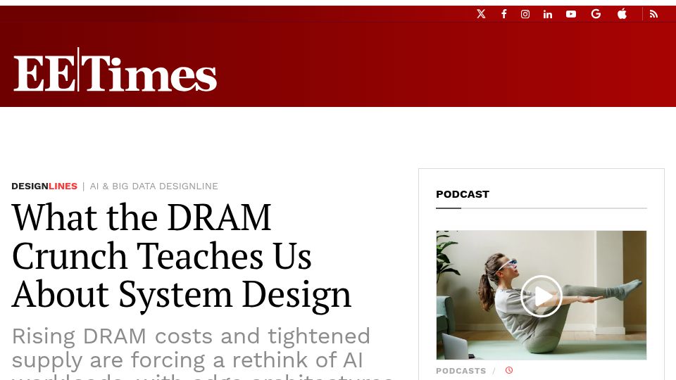 Screenshot of eetimes.com: DRAM Crunch: Lessons for System Design