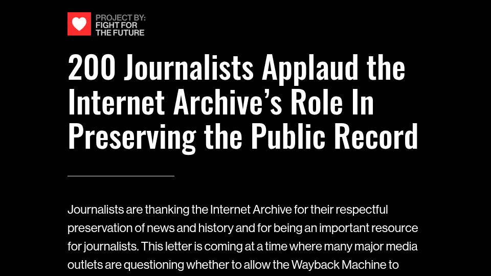 Screenshot of savethearchive.com: 200 Journalists Applaud the Internet Archive's Role in Preserving Public Record