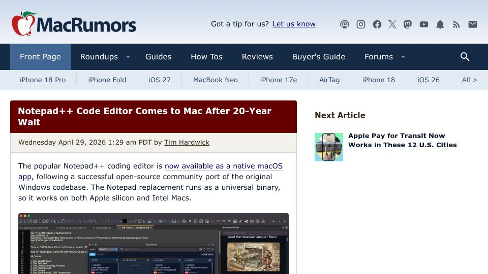 Screenshot of macrumors.com: Notepad++ Code Editor Comes to Mac After 20-Year Wait