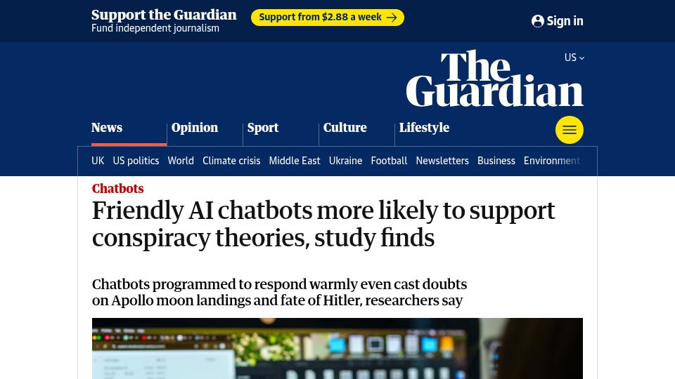 Screenshot of theguardian.com: Making AI chatbots friendly leads to mistakes and support of conspiracy theories