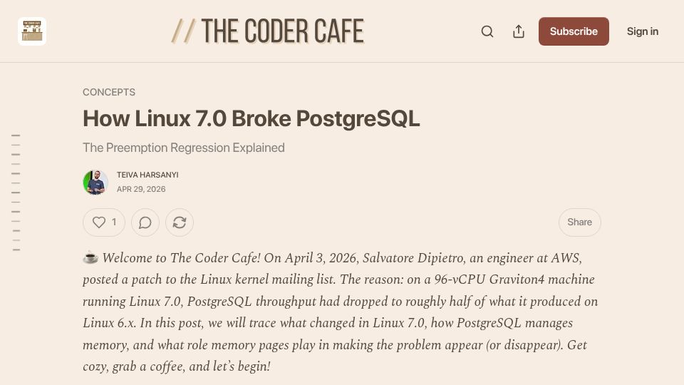 Screenshot of read.thecoder.cafe: Linux 7.0 Broke PostgreSQL: The Preemption Regression Explained