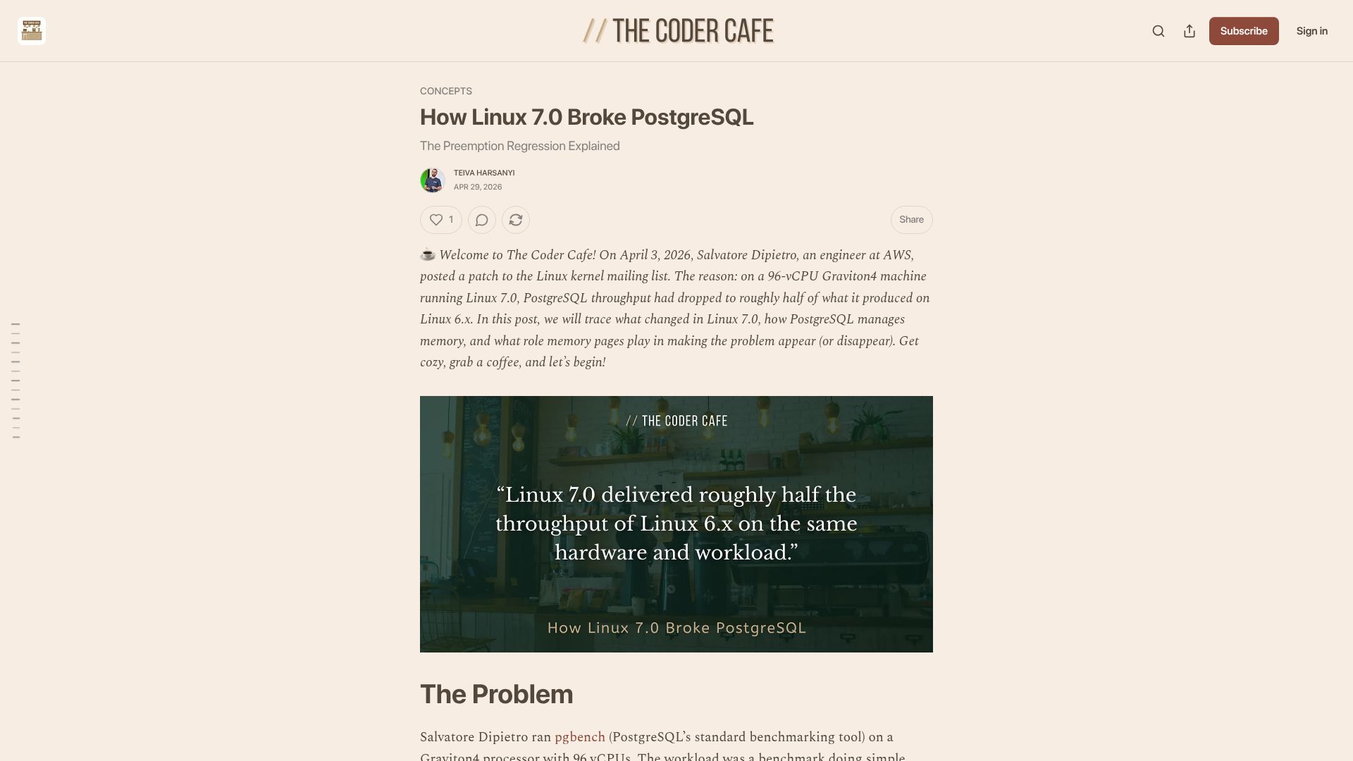 Screenshot of read.thecoder.cafe: Linux 7.0 Broke PostgreSQL: The Preemption Regression Explained