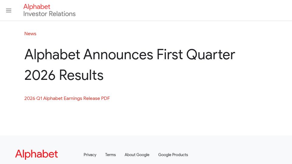 Screenshot of abc.xyz: Alphabet Announces First Quarter 2026 Results