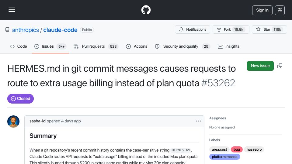 Screenshot of github.com: HERMES.md in commit messages causes requests to route to extra usage billing