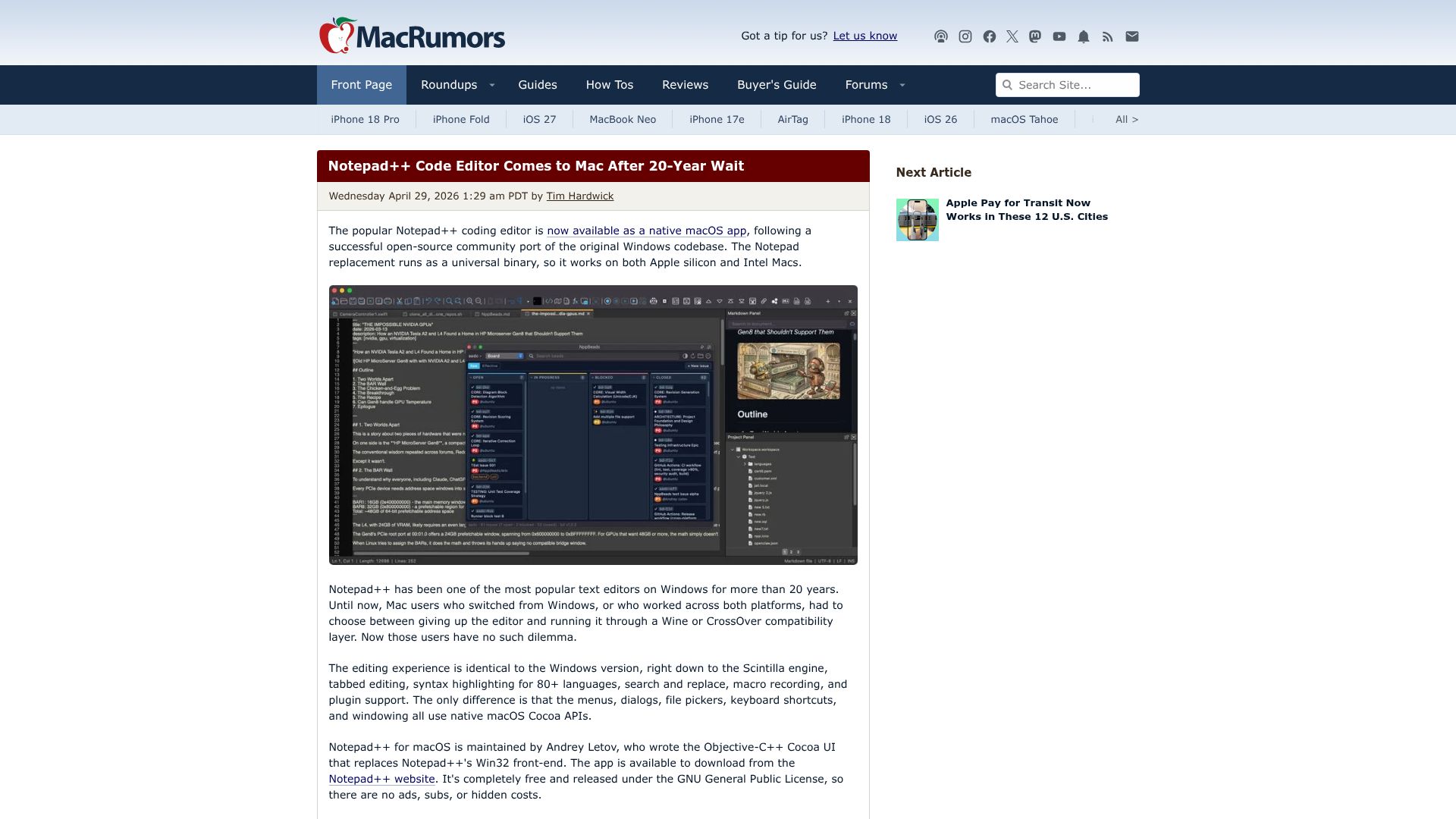 Screenshot of macrumors.com: Notepad++ Code Editor Comes to Mac After 20-Year Wait