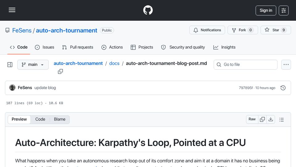 Screenshot of github.com: Show HN: Auto-Architecture: Karpathy's Loop, pointed at a CPU
