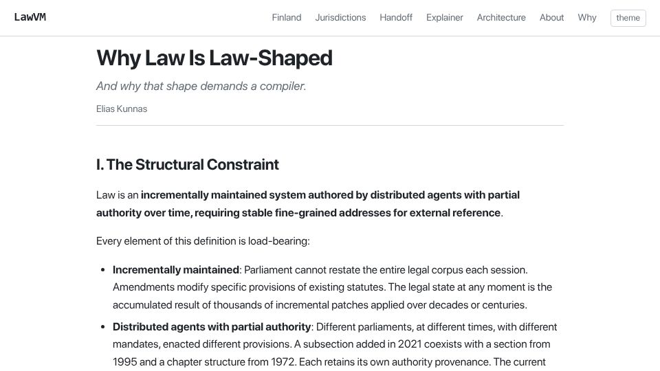 Screenshot of lawvm.org: Why Law Is Law-Shaped