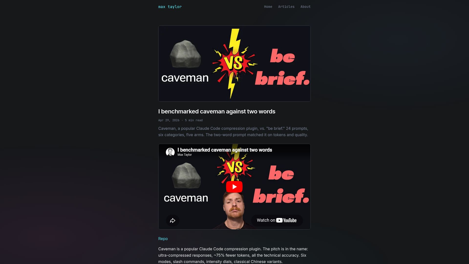 Screenshot of maxtaylor.me: I benchmarked Claude Code's caveman plugin against "be brief."