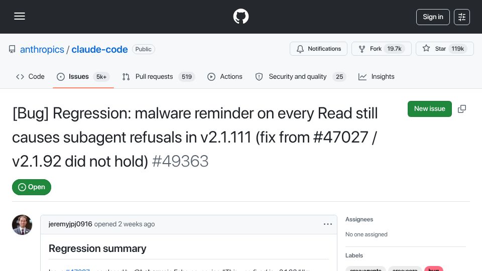 Screenshot of github.com: Regression: malware reminder on every read still causes subagent refusals