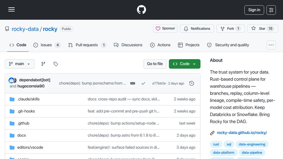 Screenshot of github.com: Show HN: Rocky – Rust SQL engine with branches, replay, column lineage