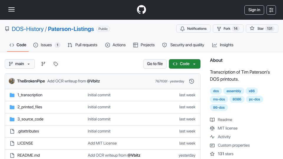 Screenshot of github.com: GitHub – DOS 1.0: Transcription of Tim Paterson's DOS Printouts