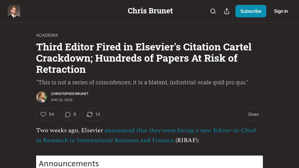 Screenshot of chrisbrunet.com: Third Editor Fired in Elsevier's Citation Cartel Crackdown