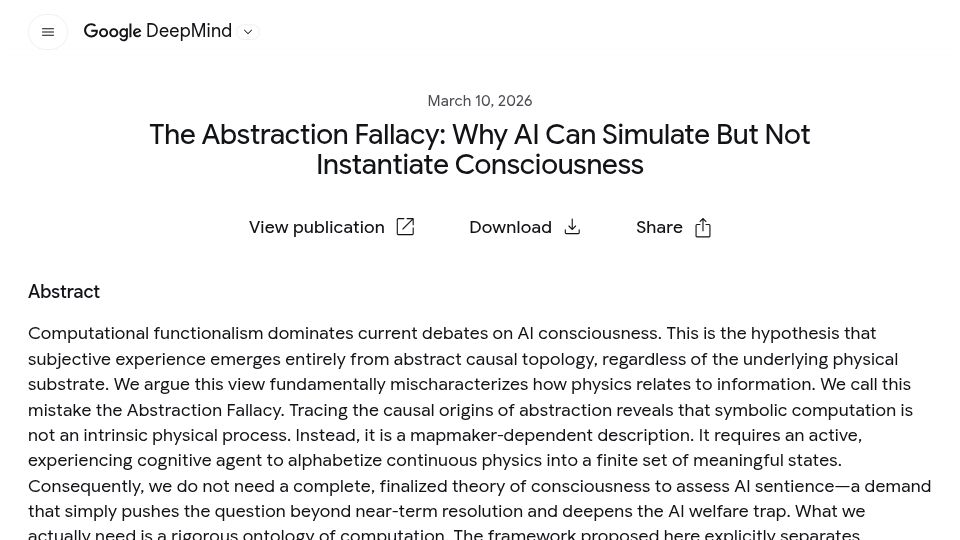 Screenshot of deepmind.google: The Abstraction Fallacy: Why AI can simulate but not instantiate consciousness