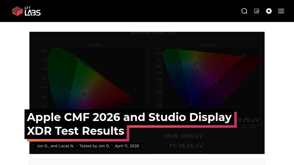 Screenshot of lttlabs.com: Apple CMF (Color-Matching Functions) 2026