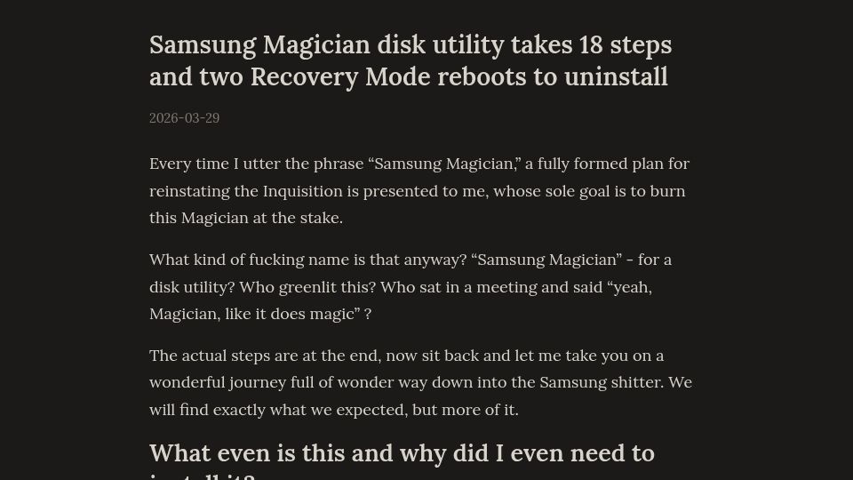 Screenshot of chalmovsky.com: Samsung Magician disk utility takes 18 steps and two reboots to uninstall