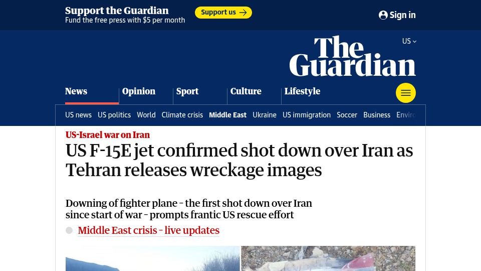 Screenshot of theguardian.com: F-15E jet shot down over Iran