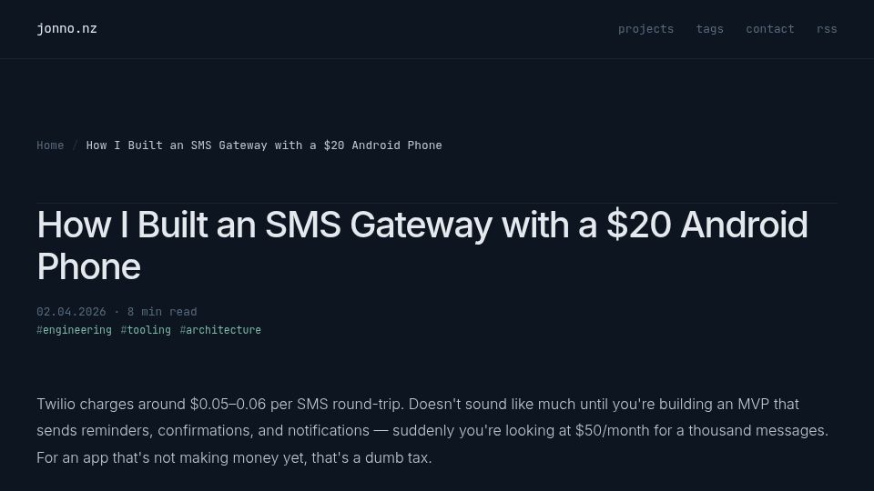 Screenshot of jonno.nz: I Built an SMS Gateway with a $20 Android Phone – Jonno.nz