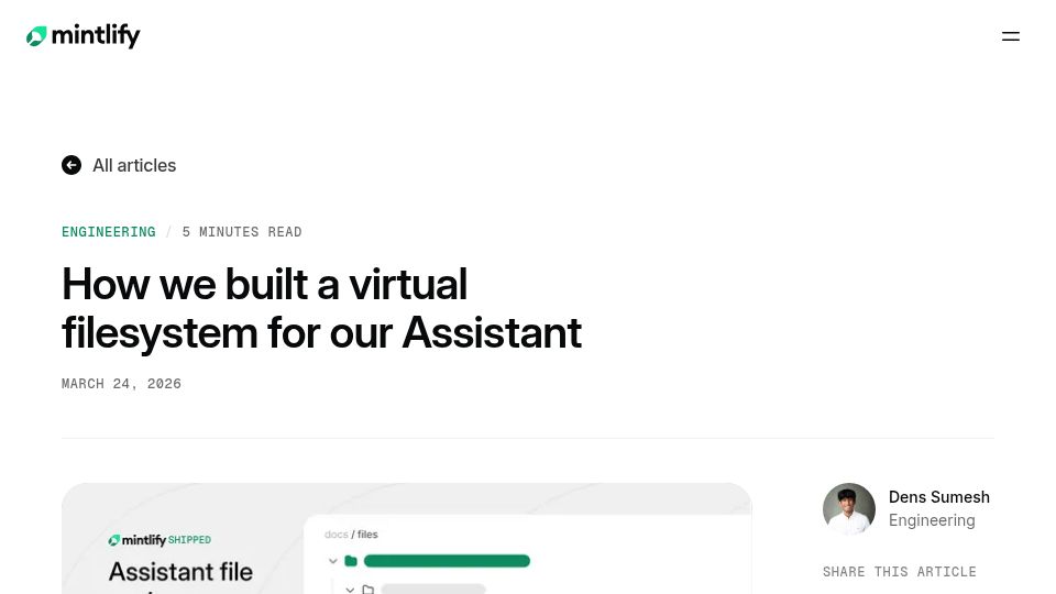Screenshot of mintlify.com: We replaced RAG with a virtual filesystem for our AI documentation assistant